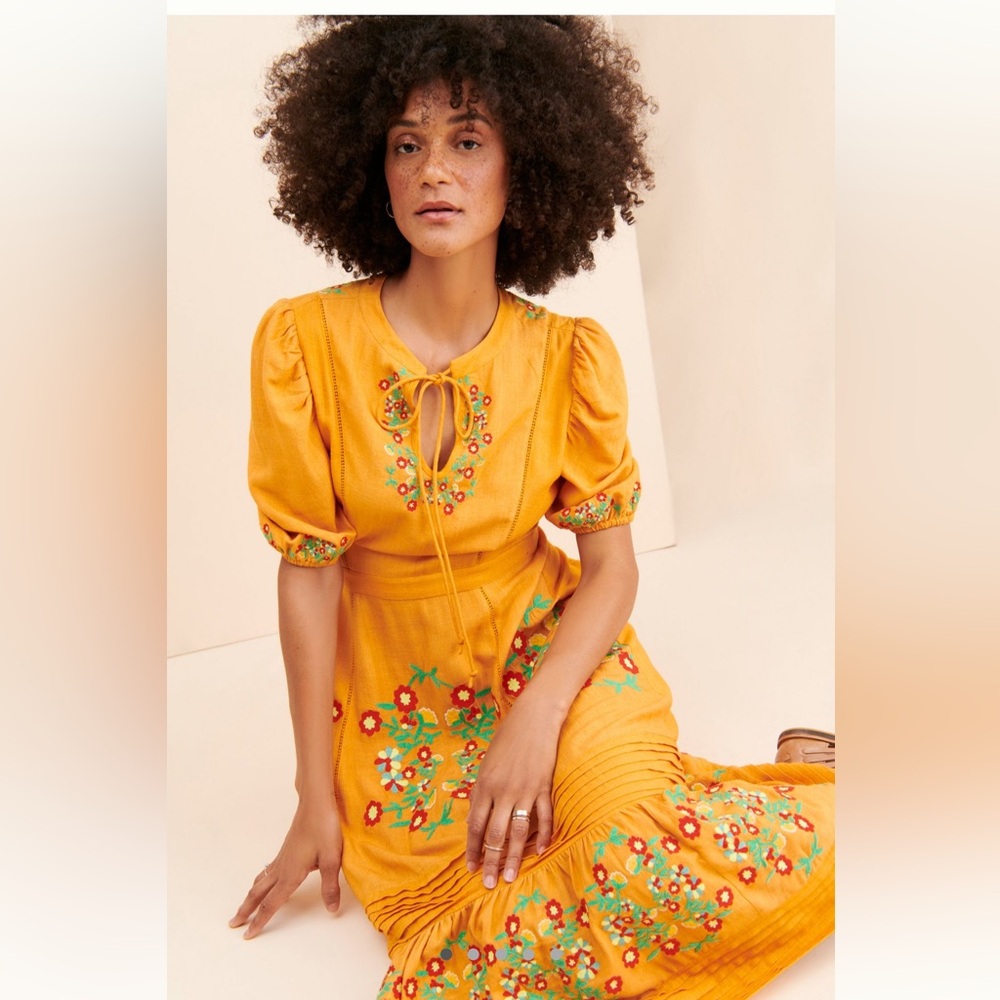 Anthropologie Mustard Yellow Embroidered Midi Dress